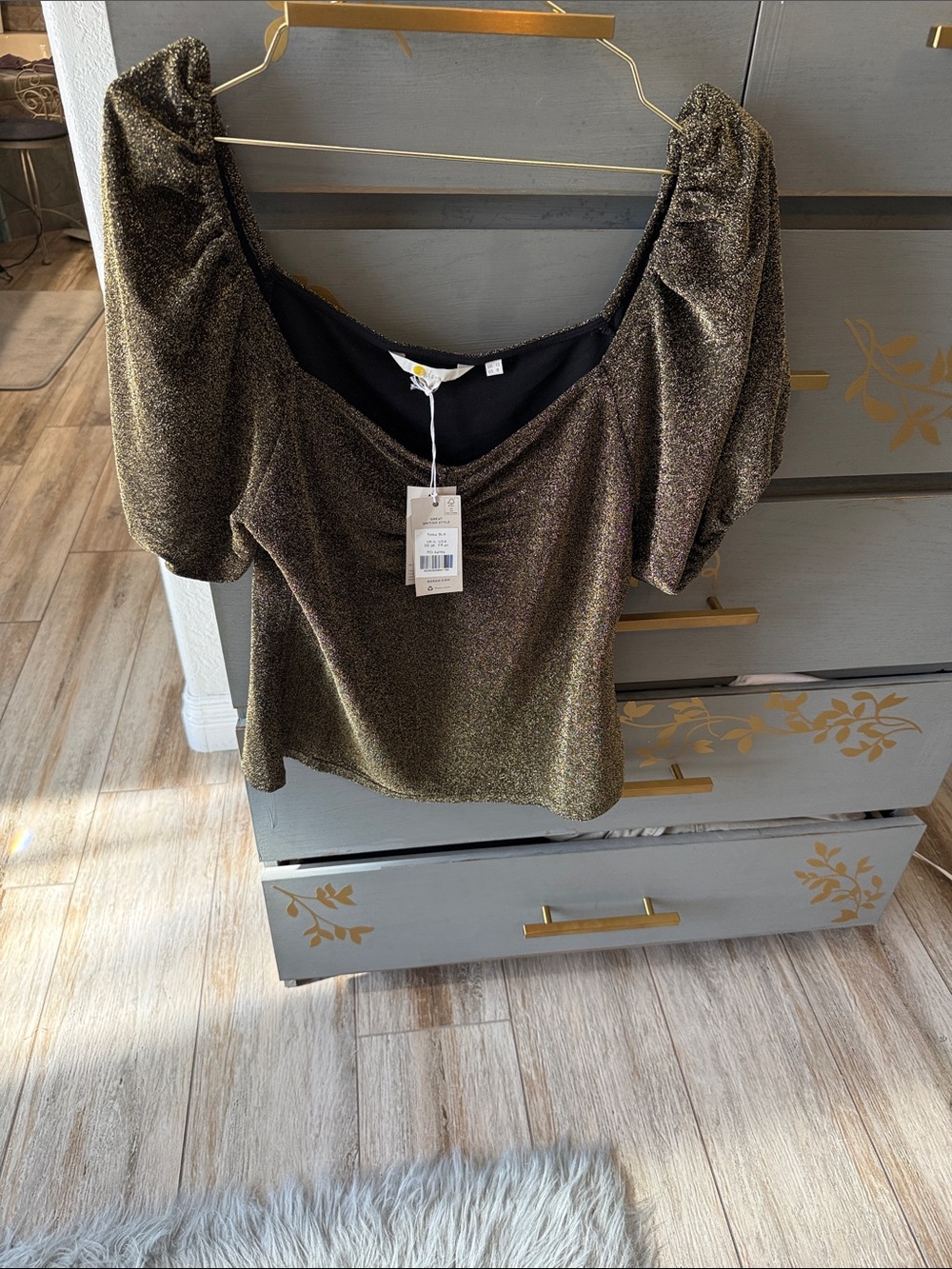 Boden Metallic Gold Puff Sleeve Blouse
